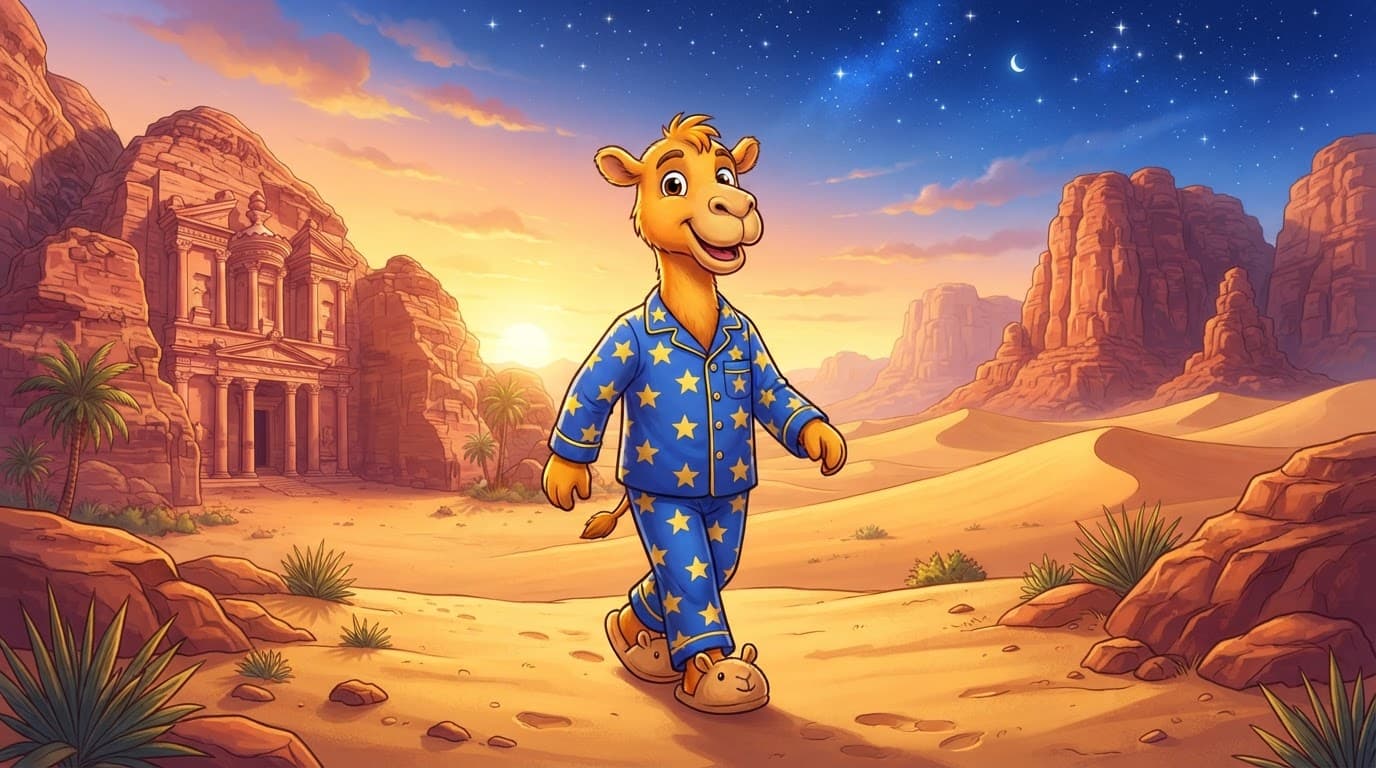 Todd in his blue star pajamas walking through the desert at dusk